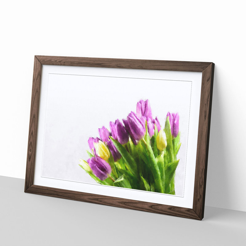 Yellow and Purple Tulips - Picture Frame Painting Print, 62cm H x 87cm W x 2cm D, Walnut Framed