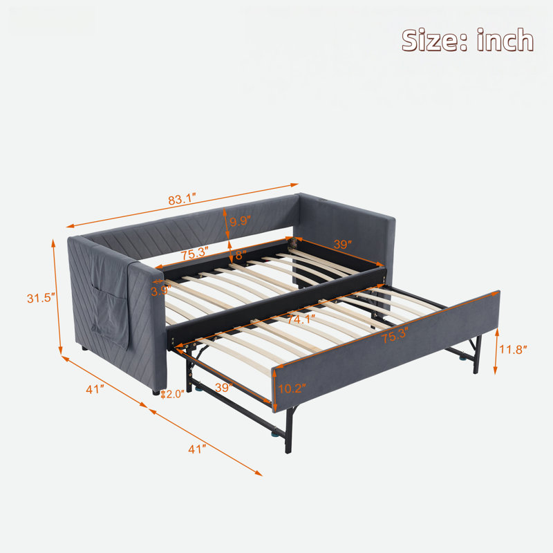 Upholstered Daybed With Trundle, Usb Port And Side Pockets, Gray