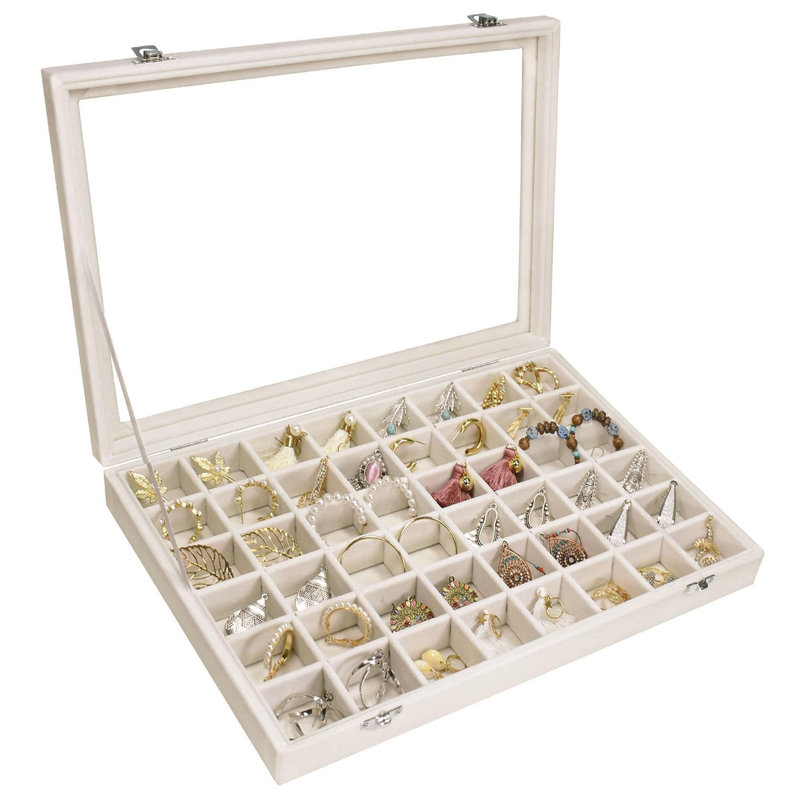 Boîte à bijoux en velours avec plateau à bijoux avec 48 anneaux et couvercle transparent