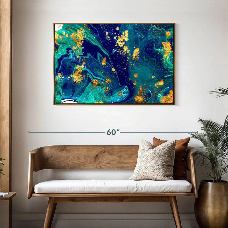 Écoulement de marbre Keera, Cadre flottant doré, 43 po x 29 po