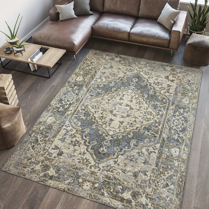 Pavel Distressed Medallion Low-Pile Machine-Washable Blue/Cream Rug, Rectangle 7'10" x 10'