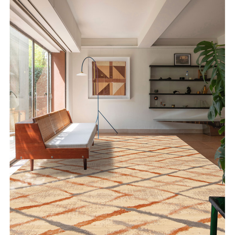 Shibori Hand Knotted Wool Area Rug in Cream/Blush/Gray, Rectangle 8' x 10'