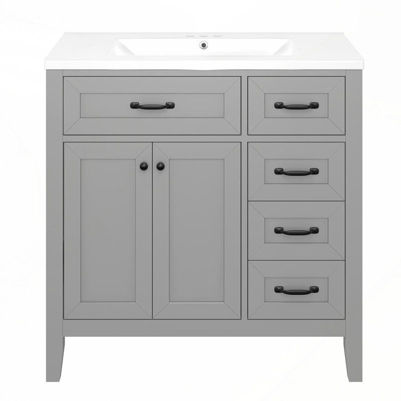 Meuble-lavabo autoportant avec lavabo en céramique lisse et grand espace de rangement, Gris