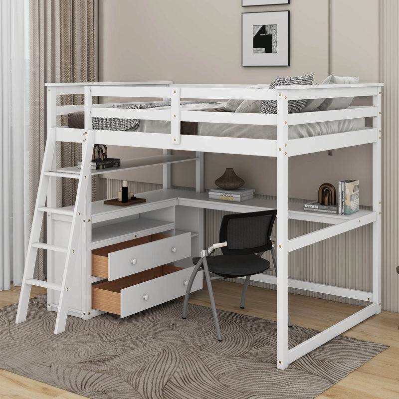 Lit mezzanine double avec bureau et tablettes, Blanc
