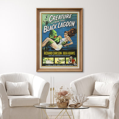 Illustration classique d'affiche de film de créature du lagon noir d'horreur, images de cinéma maison de chambre à coucher de salon, impression d'art sur toile encadrée de giclée.