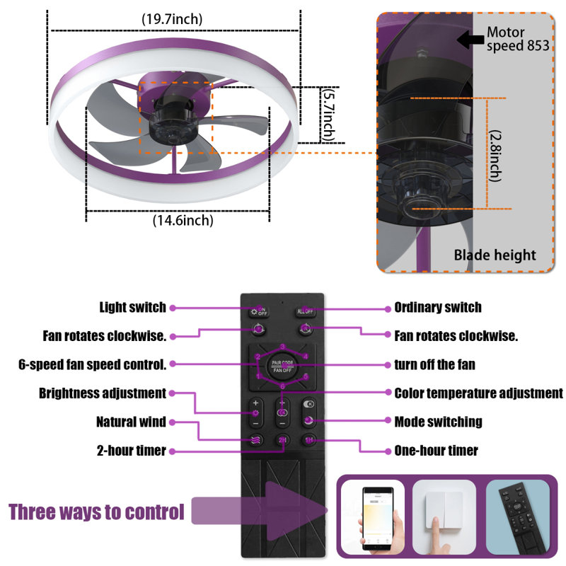 Ventilateurs de plafond avec lumières à DEL à intensité variable, installation encastrée de ventilateurs de plafond minces et modernes (mauve)