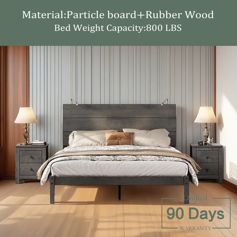 Ensemble de chambre à coucher 3 pièces, lit plateforme grand avec deux lumières de chevet, table de chevet 2 tiroirs
