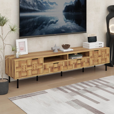 Meuble télé Mid-Century pour téléviseur de 85 po ou moins, centre de divertissement avec 2 tiroirs, console média avec meuble télé avec rangement