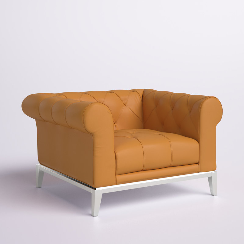 Idyll Tufted Button Upholstered Leather Chesterfield Armchair, Tan Genuine Leather