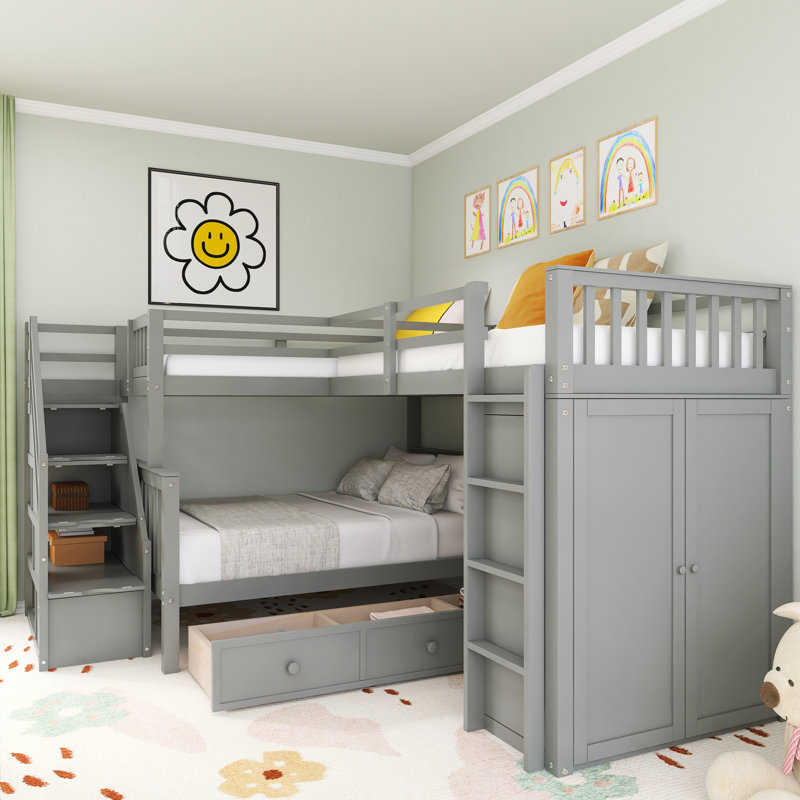 Imelida Solid Wood L-Shaped Bunk Beds with 3 Drawers and Wardrobe by Harriet Bee, Gray