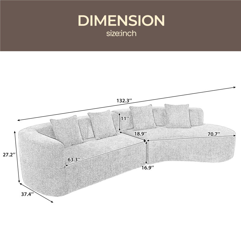 Canapé modulaire de 132 po au design incurvé, canapé modulaire en chenille 2 pièces avec 4 coussins, éponge moelleuse et coussin à ressorts, grand canapé modulaire en éponge pour le salon