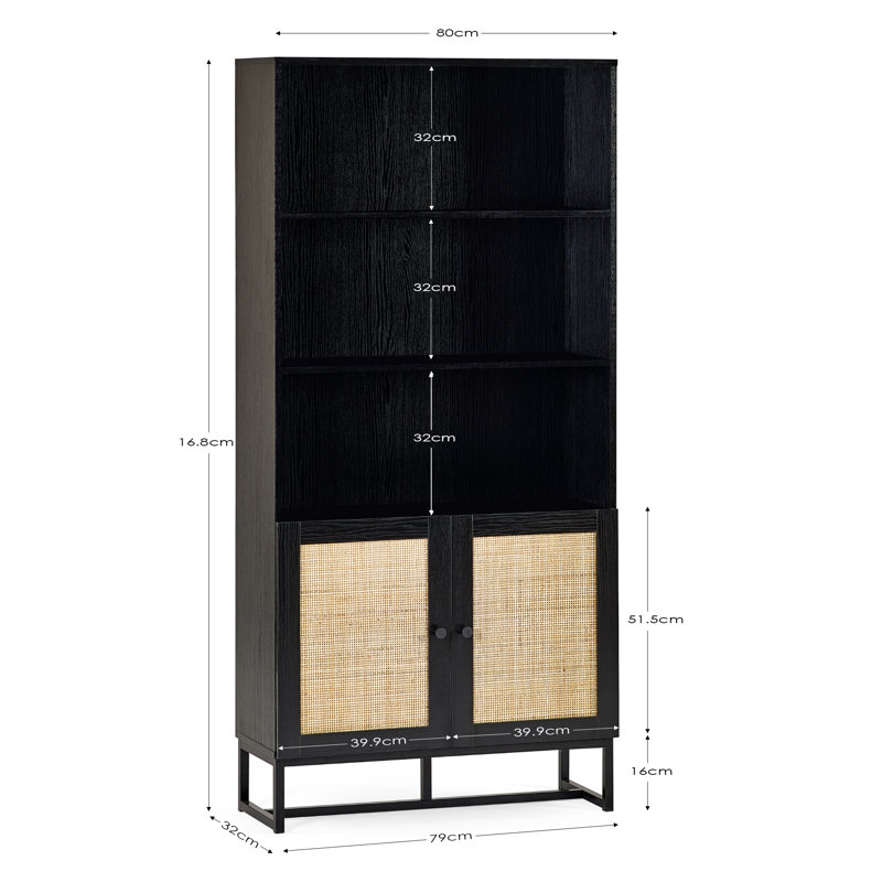Reese 168cm H x 80cm W Standard Bookcase, Black/Rattan