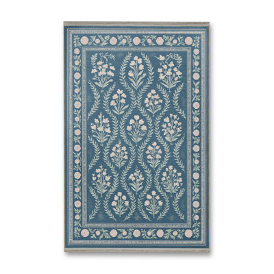 Tapis bleu tissé à motif floral lavable Mosso