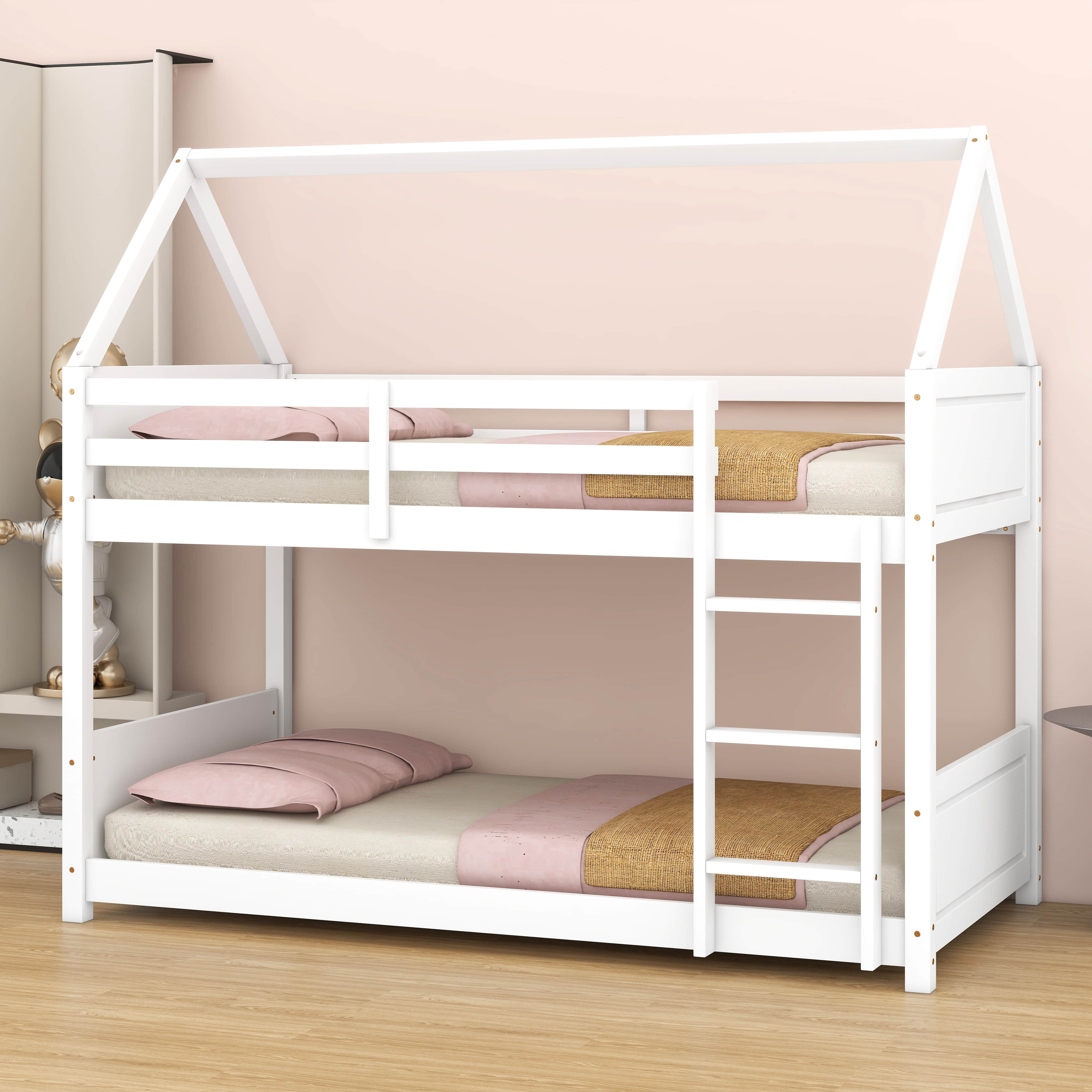 Ophelia & Co. Twin Over Twin Rubber Wood House-Shape Floor Bunk Bed ...