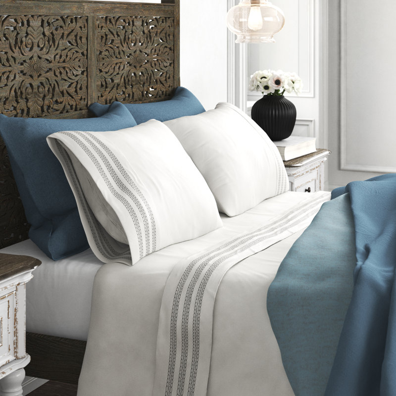 Trois Microfiber Striped Sheet Set, Ivory, Queen Sheet Set + 1 Fitted Sheet + 2 Pillowcases