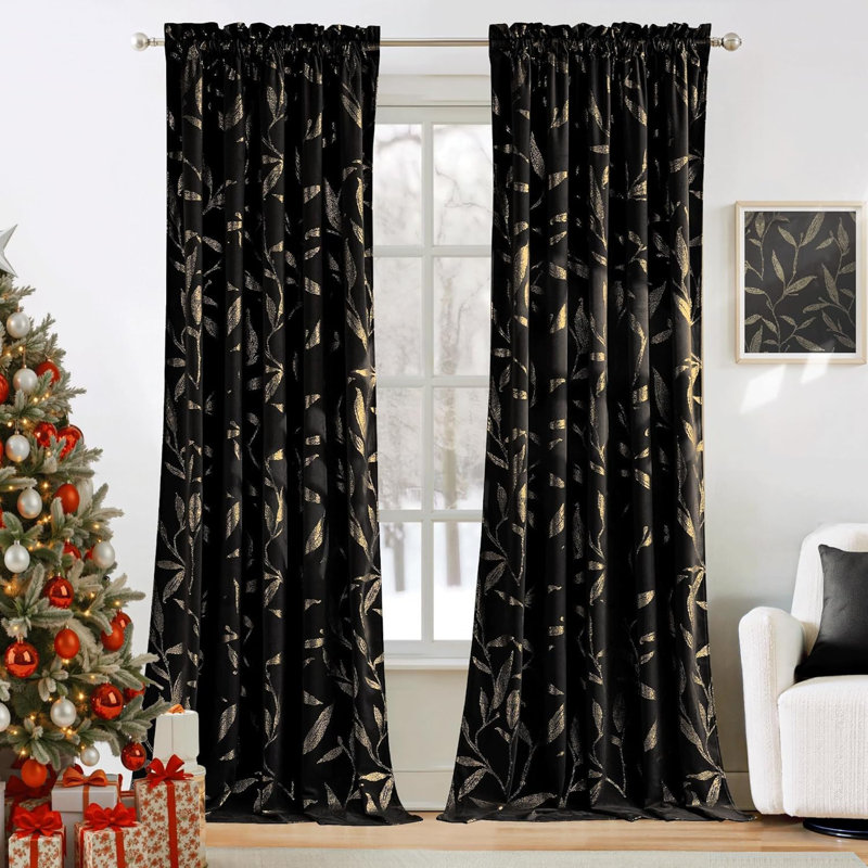  Vintage Velvet Curtains Leaf Patterned Gold Foil Printed Blackout Drapes for Living Room, Thermal Insulated Soft Luxury Home Decor for Bedroom, 2 Panels