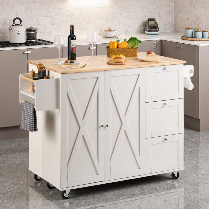 Chariot d'îlot de cuisine blanc avec plateau en bois massif, armoire de rangement, roulettes et abattant, Blanc