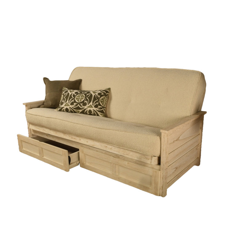 Futon double avec matelas avec rangement Emmiliano, 100% polyester crème cantonnée, Blanc patiné