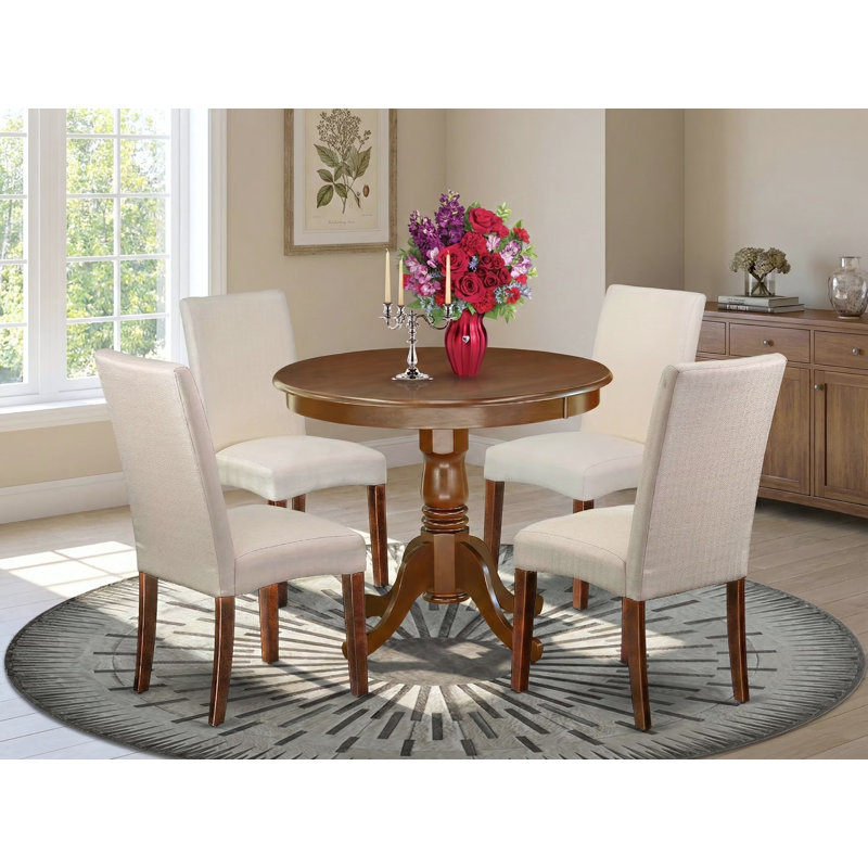 5 Piece Kitchen Table & Chairs Set Includes a Round Dining Room Table with Pedestal and 4 Cream Linen Fabric Parson Dining Chairs, Mahogany