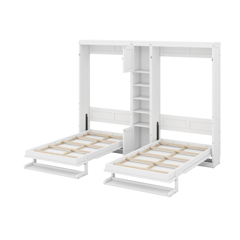 Double lit escamotable mural simple avec armoires et tablettes, cadre escamotable avec pieds convertibles et unité de rangement centrale