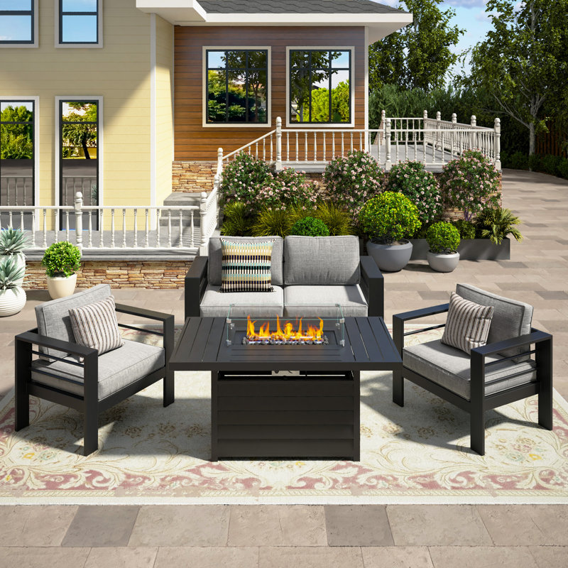Brandtley 4 - Person Outdoor Seating Group With Cushions And 55' Fire Pit Table, Gray