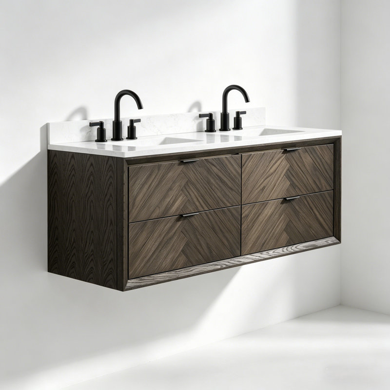 60" Floating Double Sink Solid Wood Dark Brown Oak Bathroom Vanity with Engineered Marble Top, Dark Brown Oak