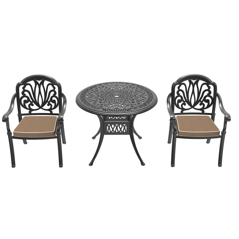 Ensemble de meubles de patio en fonte d'aluminium avec coussins bruns, Ensemble de trois pièces : table, deux chaises