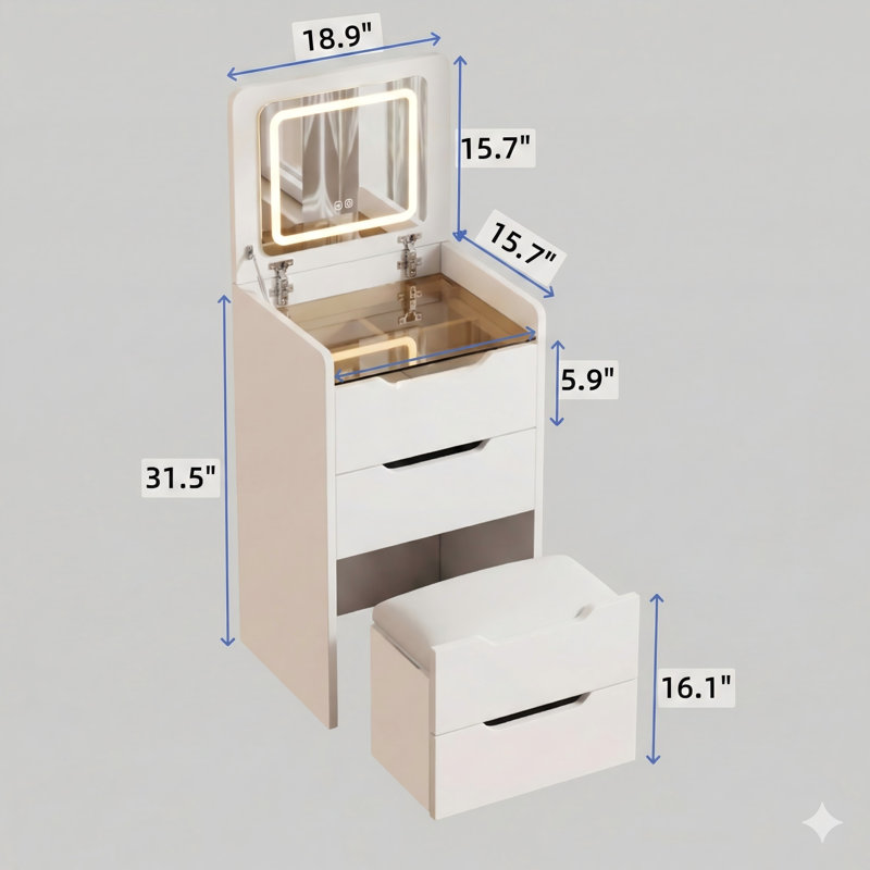 (48CM) 3-In-1 Vanity Desk With A Flip-Top Mirror. A Small Makeup Vanity Set With A Visible Glass Desktop, Compact Design With Three Drawers. Serves As A Dressing Table For Bedrooms, In White Color.
