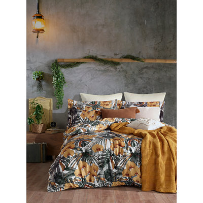 Ensemble de housse de courtepointe en satin élégant, 100% coton, taille grand 53,1 x 78,7 pouces | 210 fils, lavable à la machine, fermeture à boutons et enveloppes | Design élégant blanc, vert et moutarde pour une décoration de chambre luxueuse
