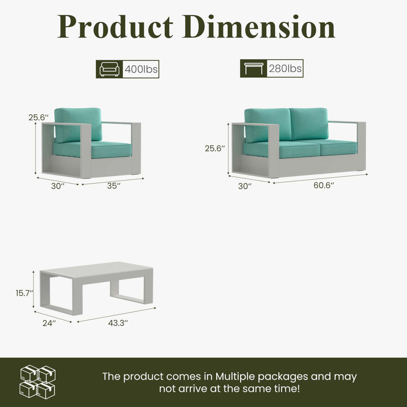 Modern Outdoor Aluminum 4-piece Conversation Set With Coffee Table, Teal Cushion/Light Grey Frame