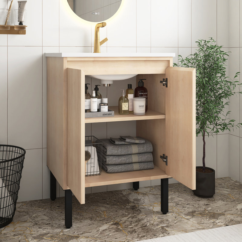 Meuble-lavabo moderne en chêne de 24 po avec lavabo en céramique blanche, portes à fermeture en douceur et structure autoportante pour plus de stabilité