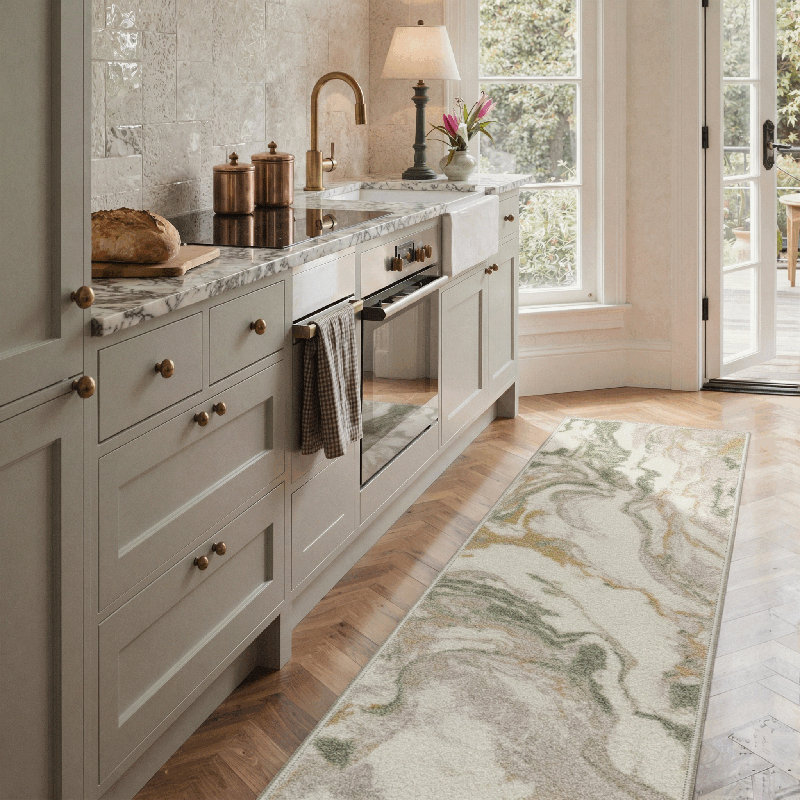 Marbella Abstract Marble Sage Machine Washable Non-Slip Area Rug, Runner 2' x 6'