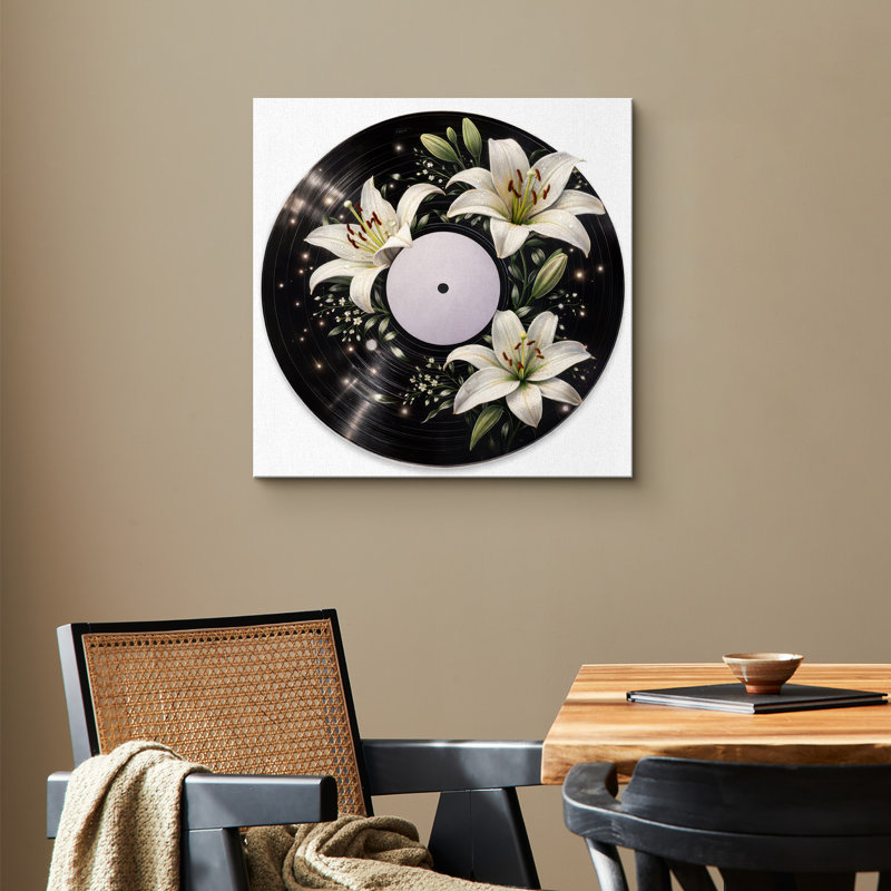 Élégante œuvre d'art sur disque vinyle blanc Lily, images de thème musical minimaliste, impression sur toile encadrée