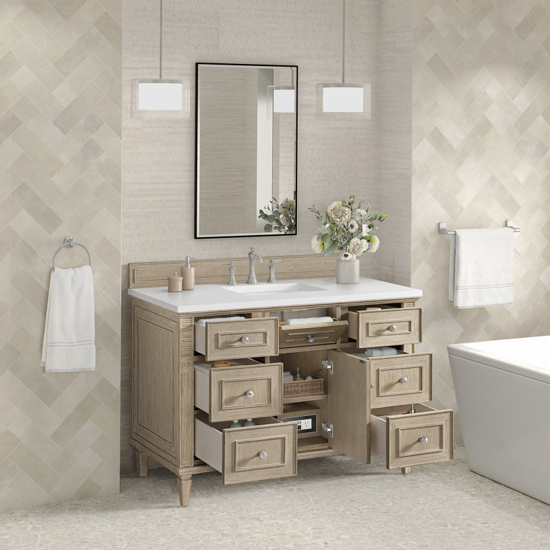 Lorelai 48'' W Single Vanity, White Zeus Quartz, Whitewashed Oak, 8" Widespread
