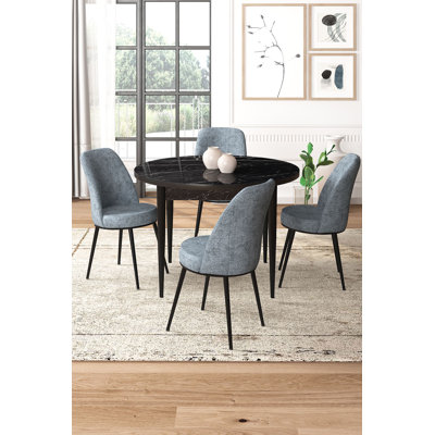 Ensemble de table et chaises de salle à manger moderne 5 pièces, marbre noir et gris | 100% aggloméré mélaminé, table: 35,4 po x 29,5 po x 35,4 po, chaises: 17,7 po x 35,8 po x 16,5 po | Pieds en métal, tissu Jerry, sièges en mousse confortables | Conception élégante et durable