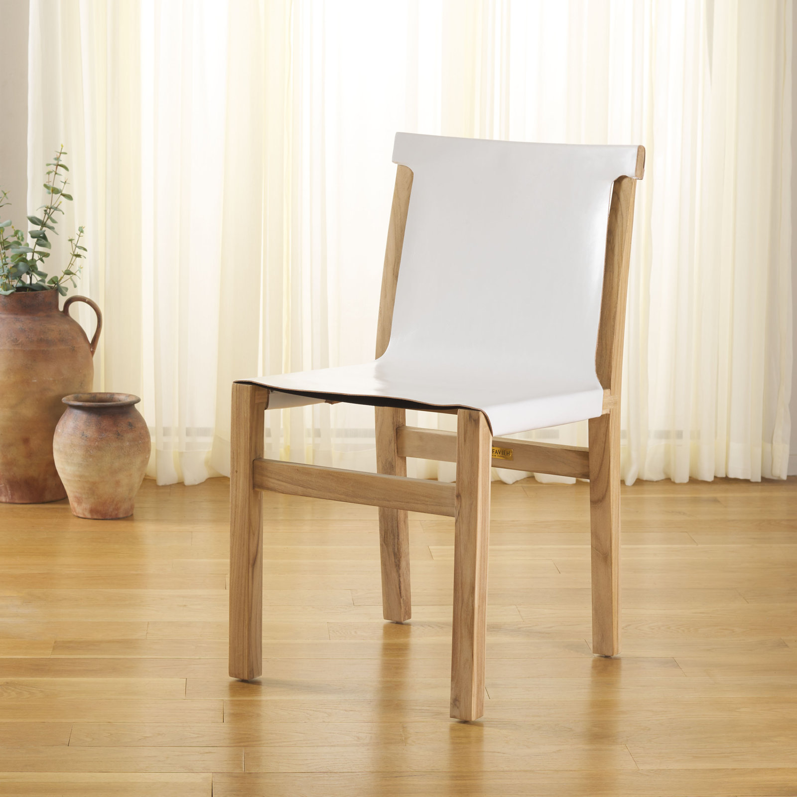 Cambell Teak Side Chair, White Faux Leather