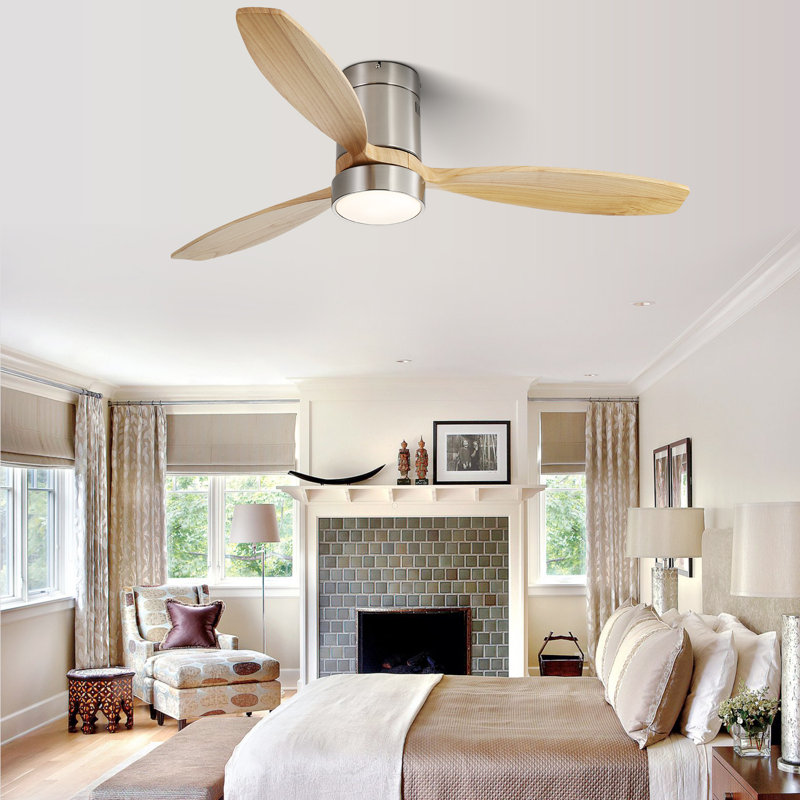 Ventilateur de plafond encastré classique à 3 pales de 52 po avec lumière et télécommande Nicola, Bois naturel, Nickel