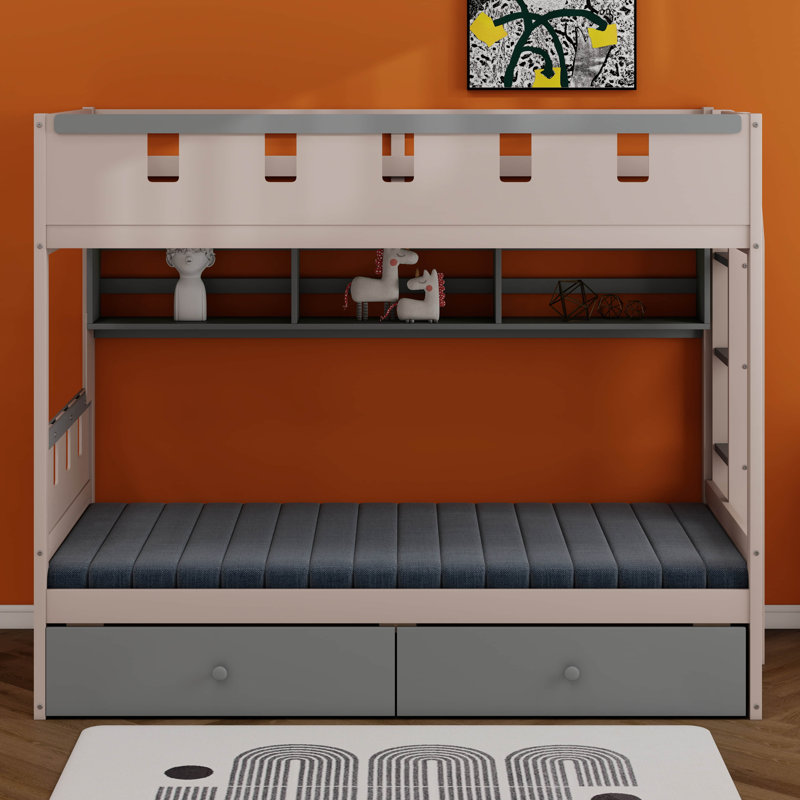 Bunk Bed With Storage Drawers, Playhouse Bed Frame With Shelf And LED Light, Geometric Window Style Railing, Ladder, Gray