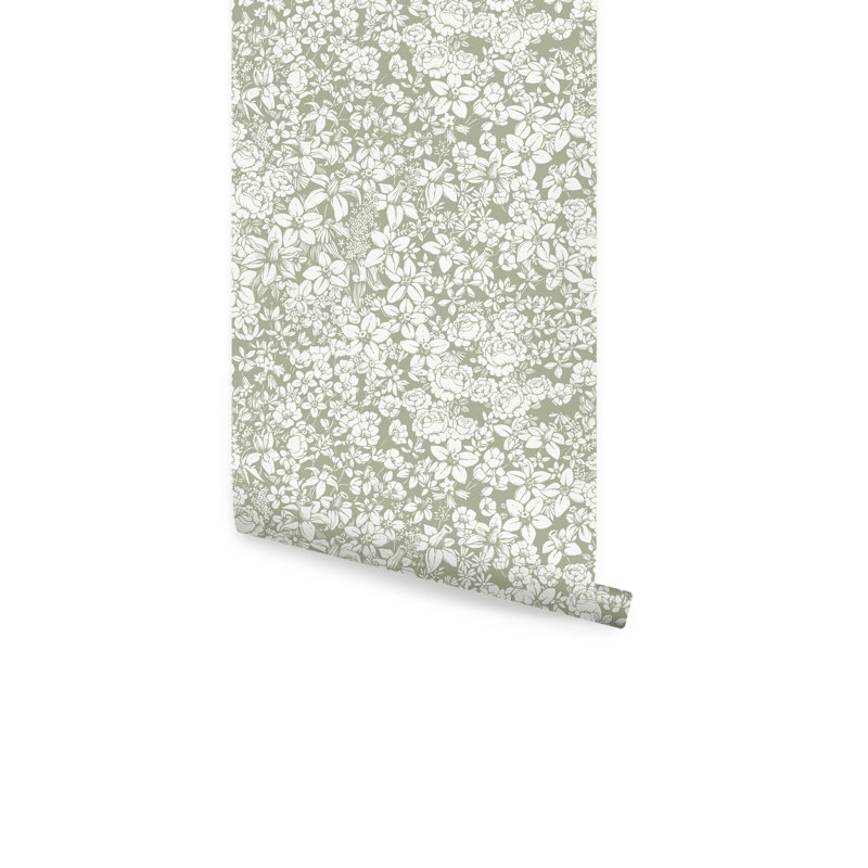 Kathi Flower Land Peel and Stick Wallpaper Panel, Green, 18' L X 2' W