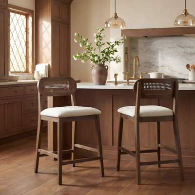 Tabouret de comptoir en bois d'hévéa avec siège rembourré Alab