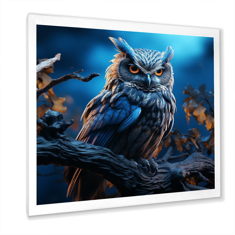" Blue Owls Moonlight Realm IV ", 30" H x 30" W x 1" D, White Single Picture Framed
