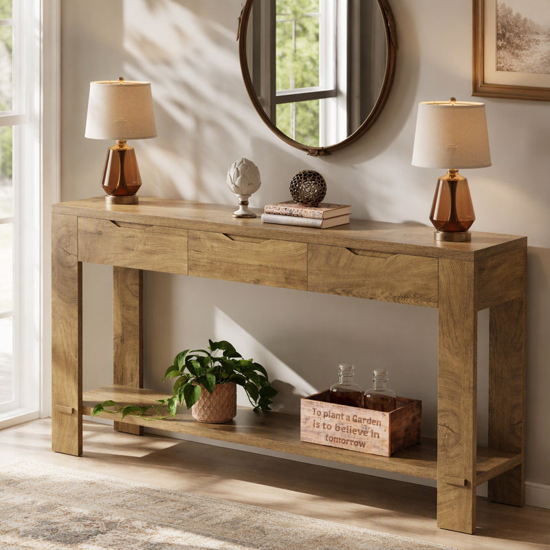 Console de 170 cm avec 3 tiroirs de rangement et une tablette ouverte, table d'entrée étroite de style campagnard en placage de chêne, pouvant supporter jusqu'à 90 kg, idéale pour le salon.