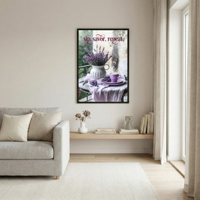 Sip Savor Repeat Lavender Tea Still Life Canvas Wrapped Wall Art For Kitchen Living Room Decor