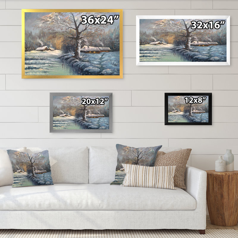 " Winter Lake House Unders Winter ", Black Picture Framed, 8" H x 12" W x 1" D