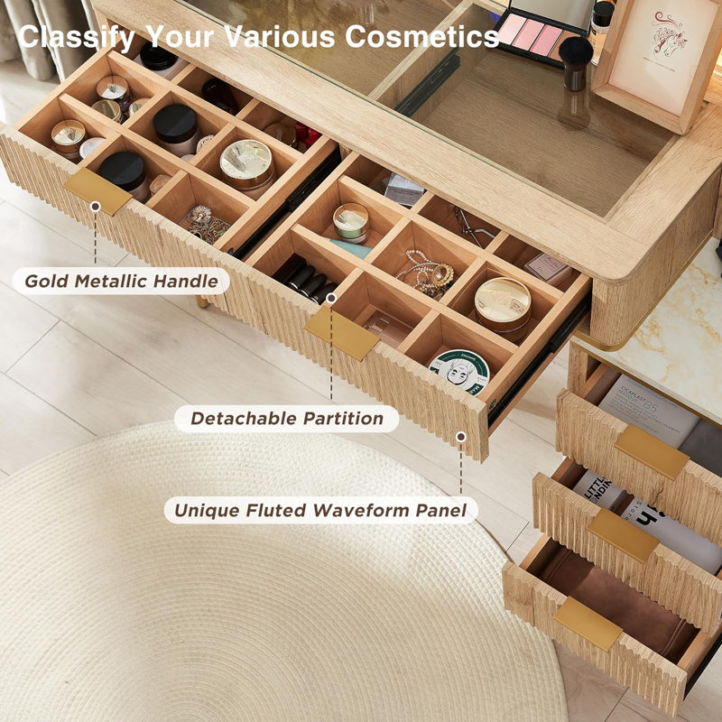 Coiffeuse Zadia 48 "avec miroir lumineux 36", 4 commodes et station de charge et 3 modes d'éclairage, Chêne naturel