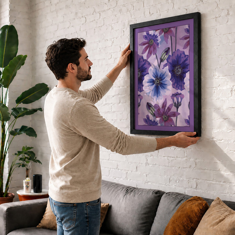 Purple Daisy Sprinkle Botanical - Framed Print, A2 - 59.4 x 42.0 cm, Black
