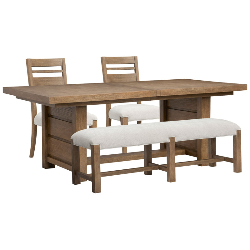 Table de salle à manger extensible à tréteaux avec 2 chaises d'appoint et banc, 4 pièces: table, 2 chaises, banc