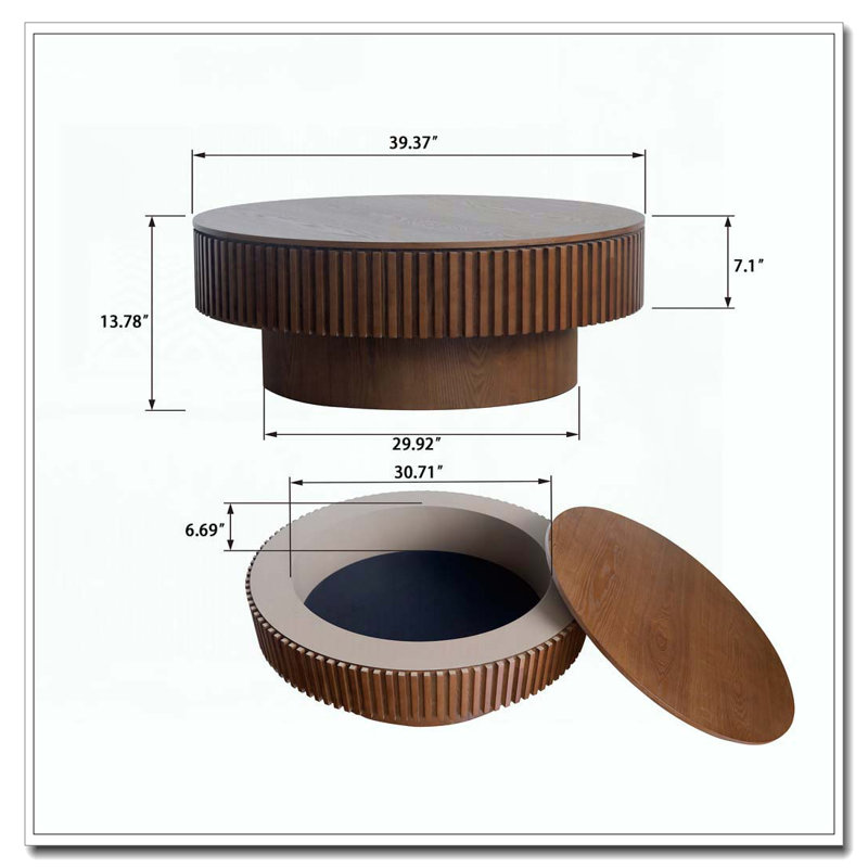Solid Wood 31.5" Round Coffee Table with Storage, Walnut 