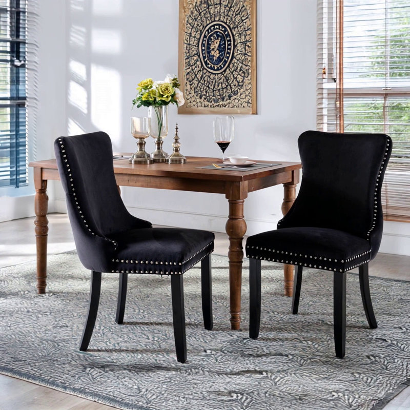 Upholstered Wing-Back Dining Chair With Backstitching Nailhead Trim And Solid Wood Legs, Black Velvet