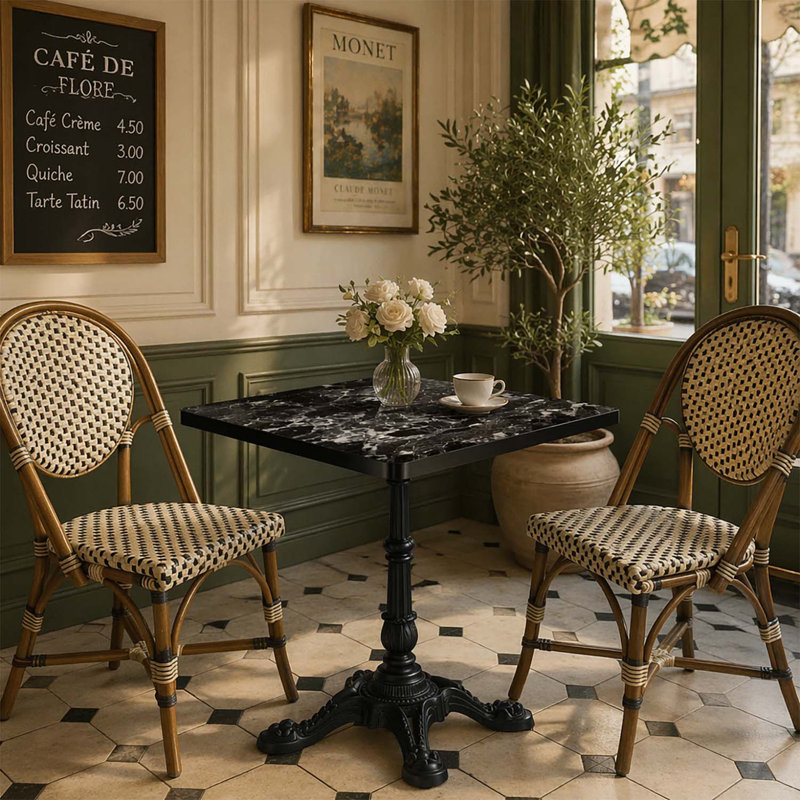 Table carrée avec base en fonte robuste pour bistro, café, bar et maison, Noir